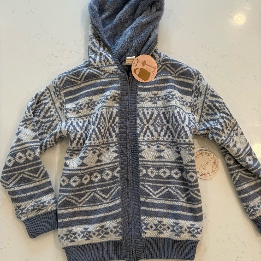 Sweet Stories Cozy Hooded Knit Zip Cardigan - Blue & White - NWT
